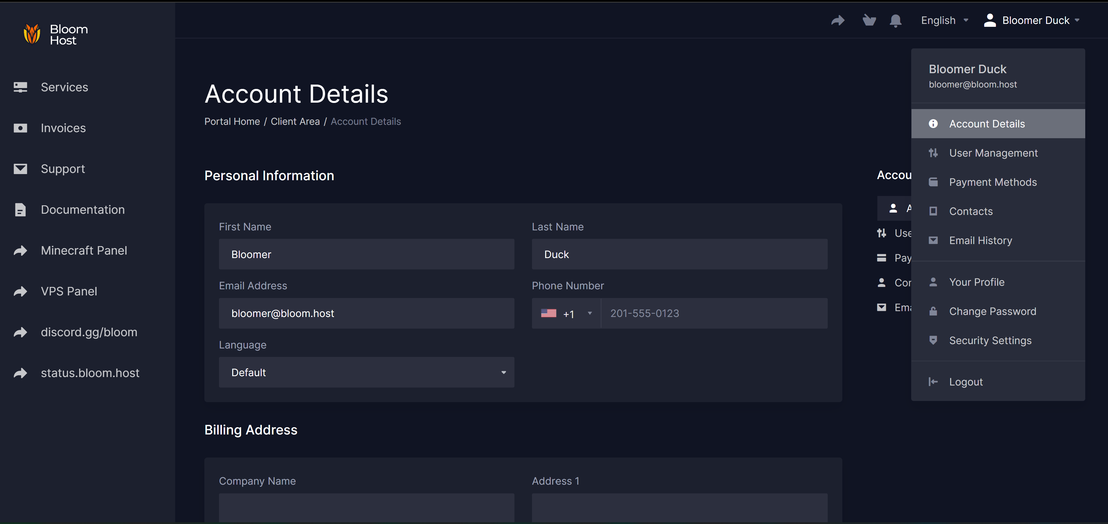 Billing account details form with the Email Address field