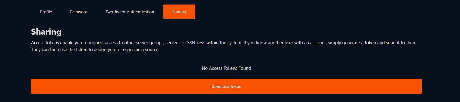 VirtFusion Sharing tab showing the Generate Token control