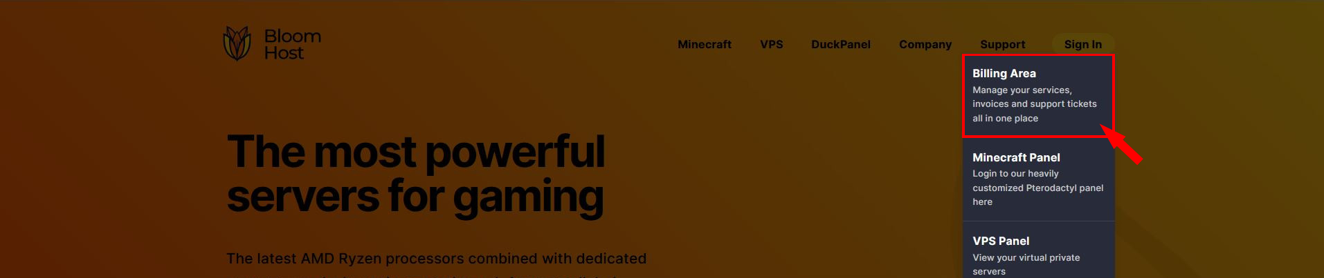 Bloom.host website navigation with Billing Login under Support