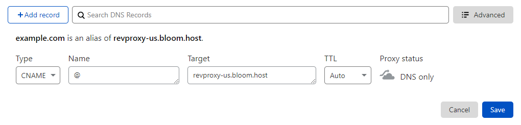Cloudflare CNAME record configured for a root domain
