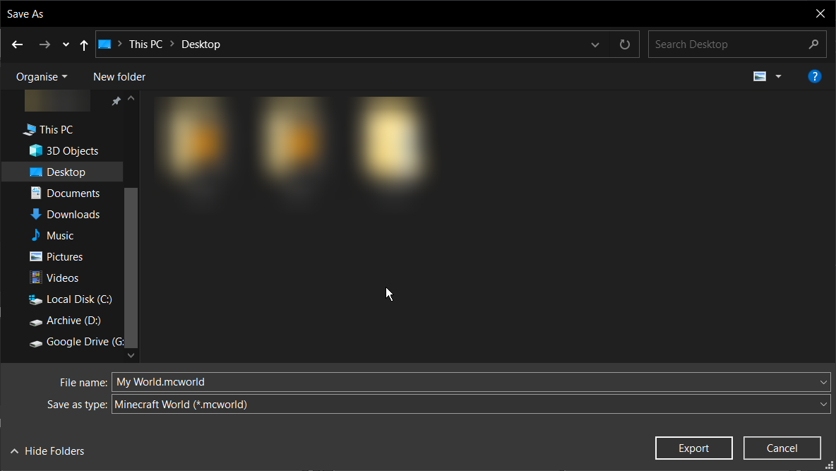 File picker saving the exported Bedrock world to the desktop