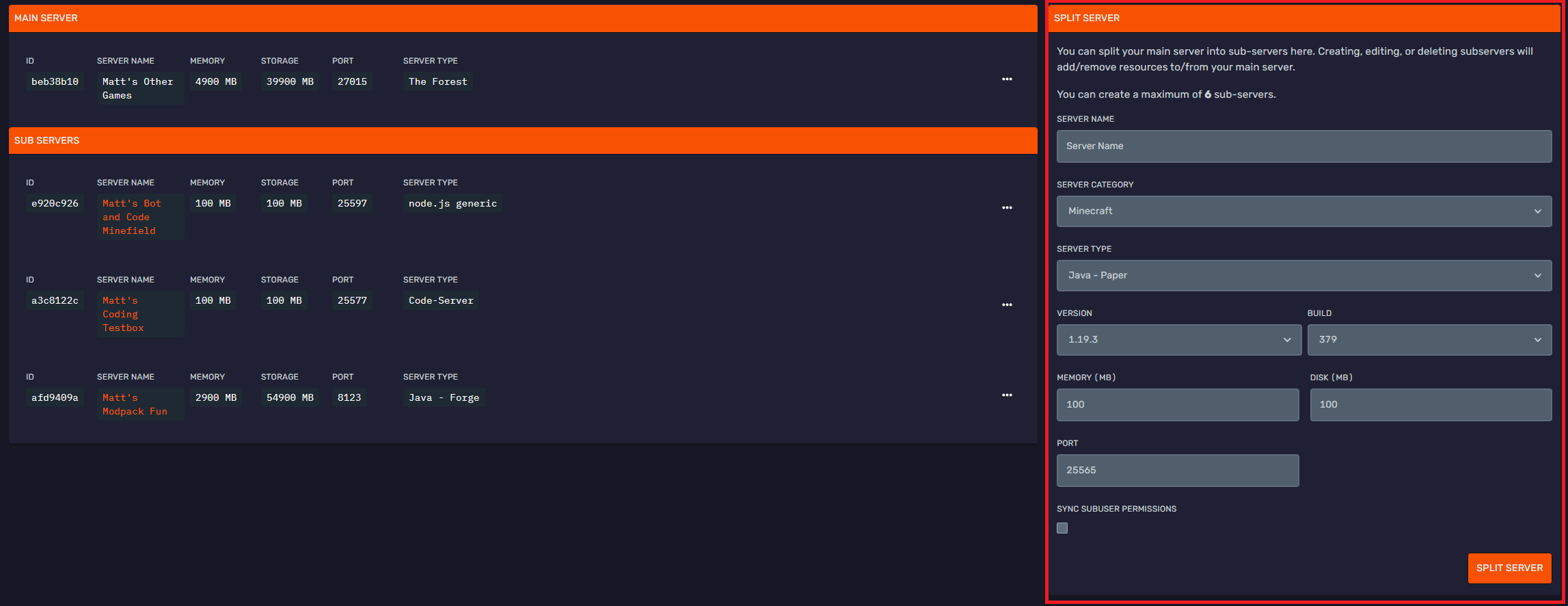 Server Split form with server type and resource options