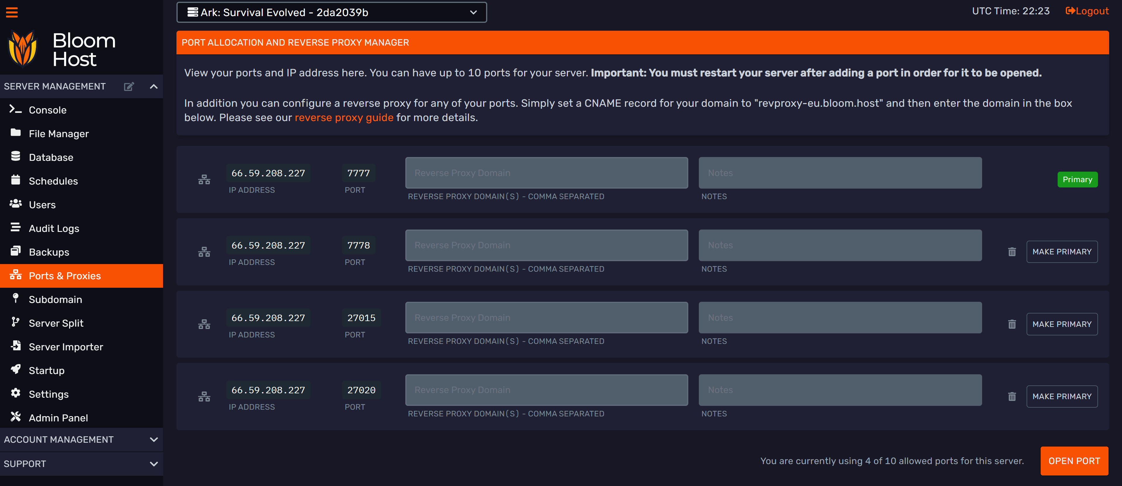 Ports and Proxies configured with ARK game, query, and RCON ports