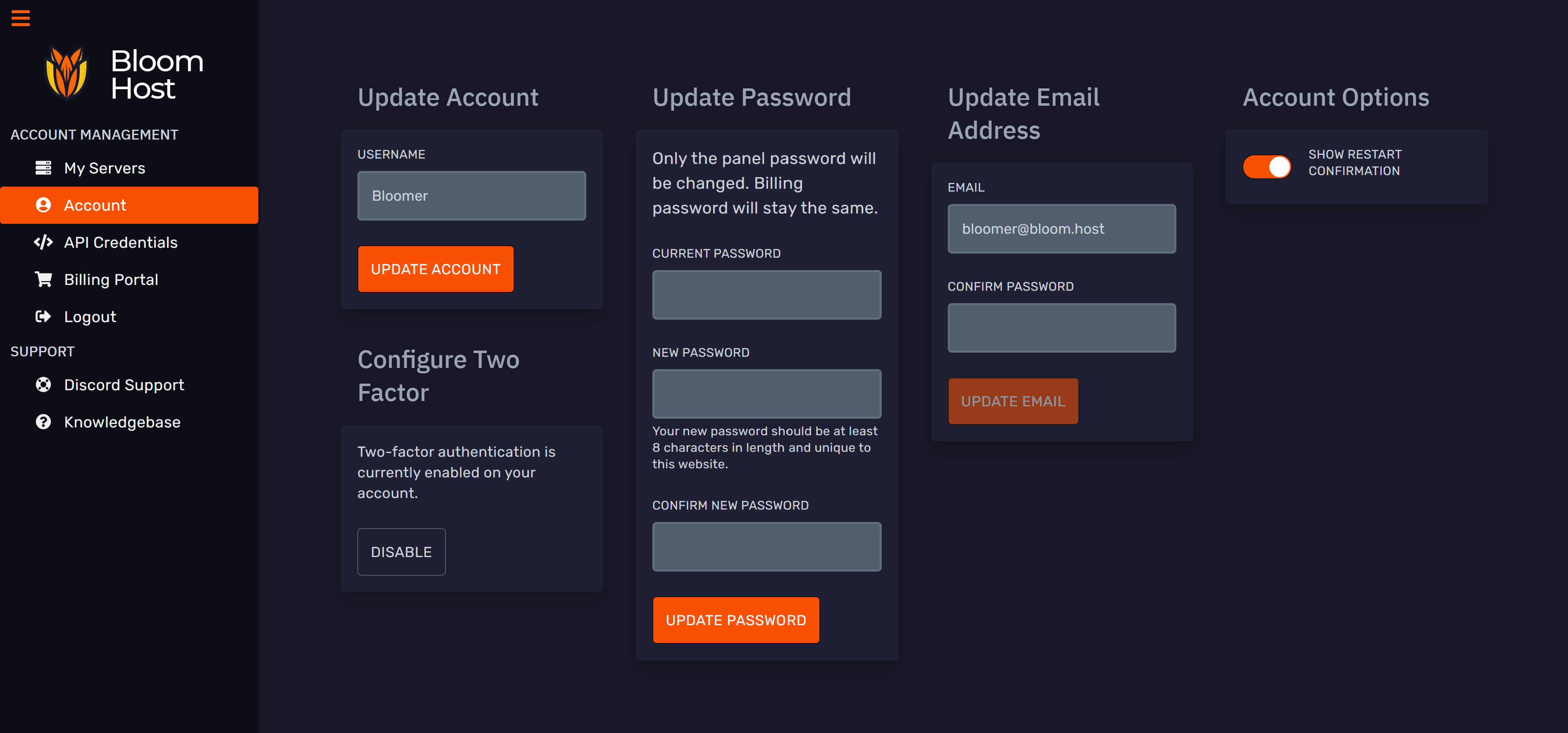 DuckPanel account page with the email address update form