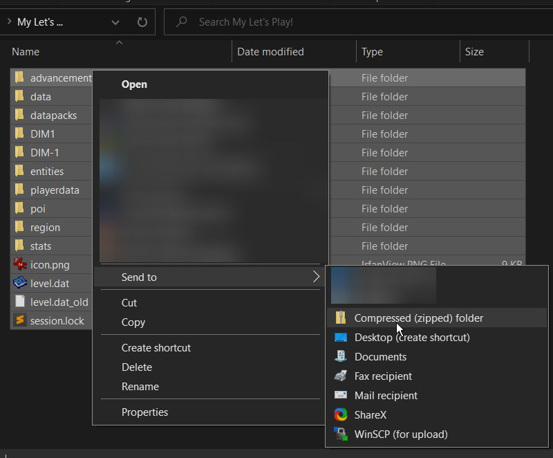 Windows context menu for creating a compressed world folder