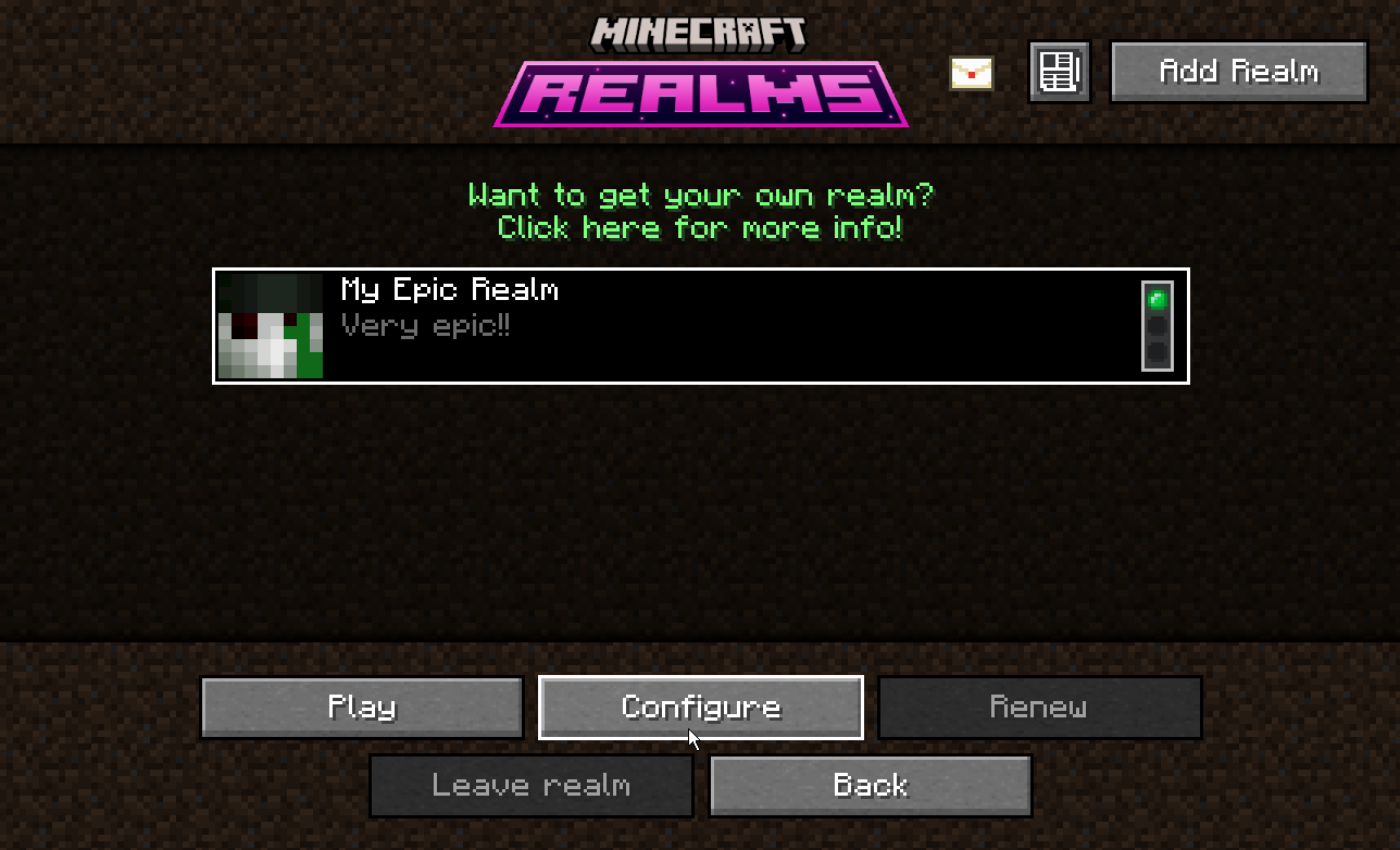 Minecraft Realms menu with the Configure button