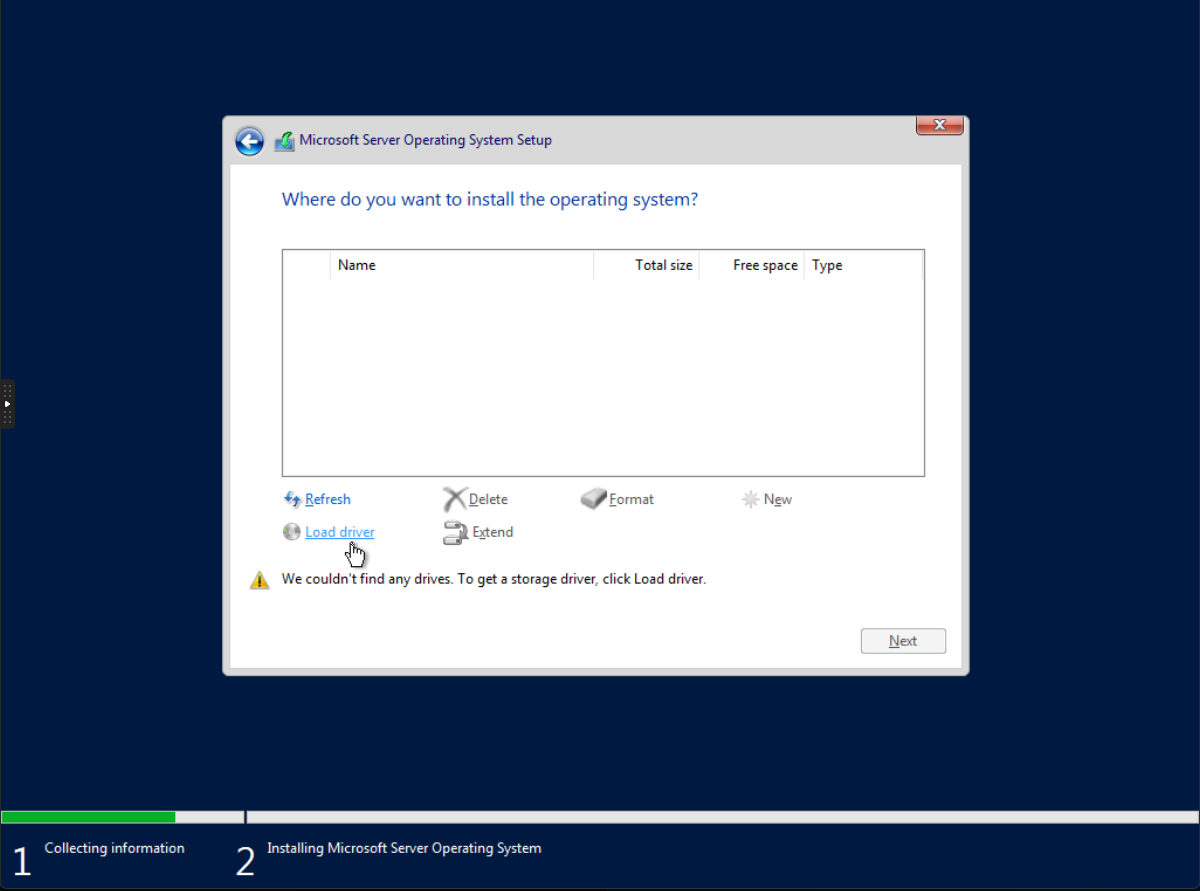 Windows Server installer open in the VirtFusion VNC console