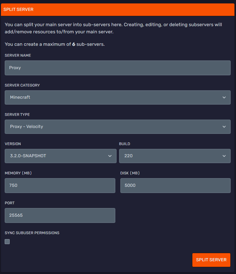 Server Splitter form configured for a Velocity proxy